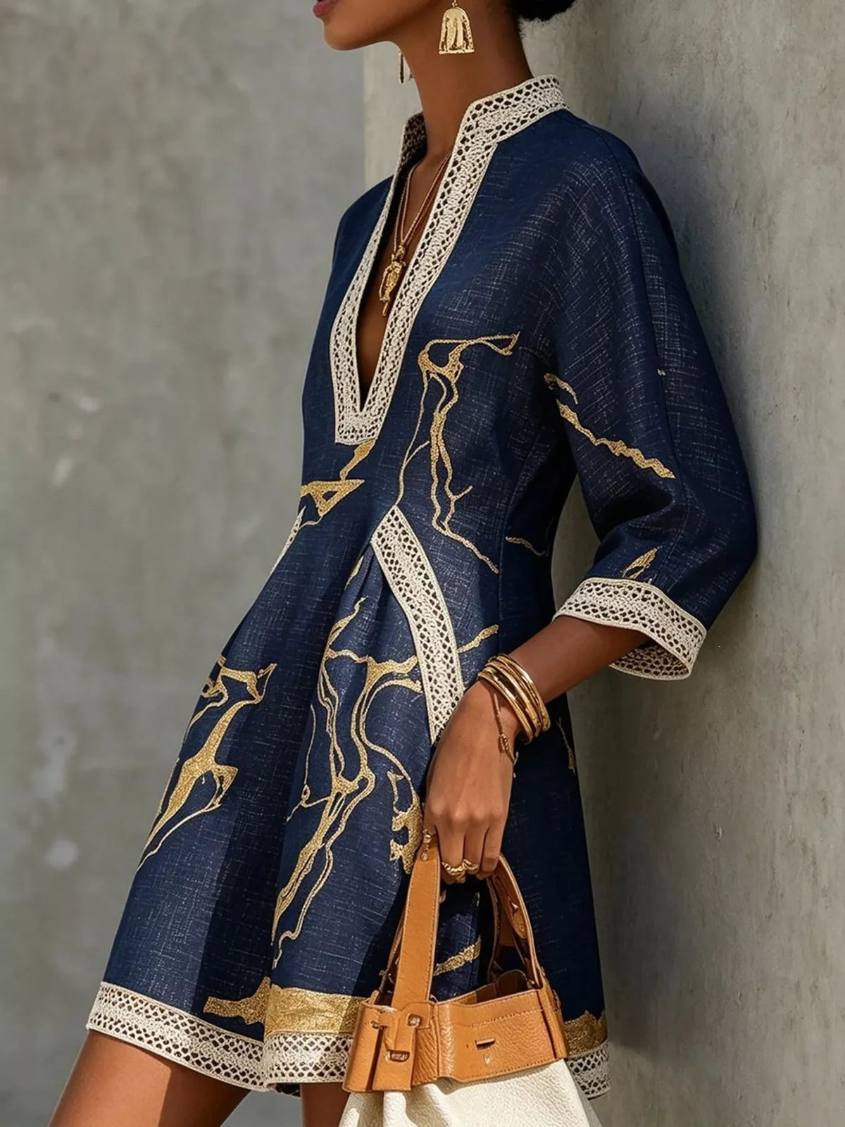 Notched 3/4 Sleeve Mini Dress