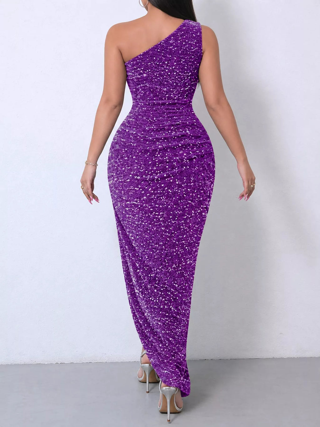 One-Shoulder Ruched Sequin High-Slit Evening Dress