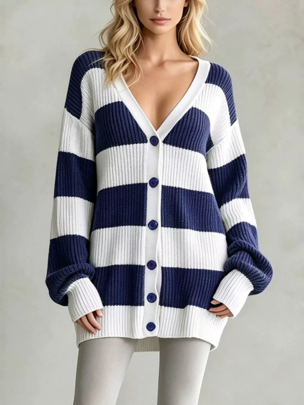 Striped V-Neck Button-Down Cardigan