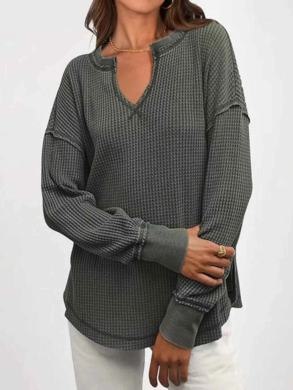 Slit Notched Long Sleeve T-Shirt