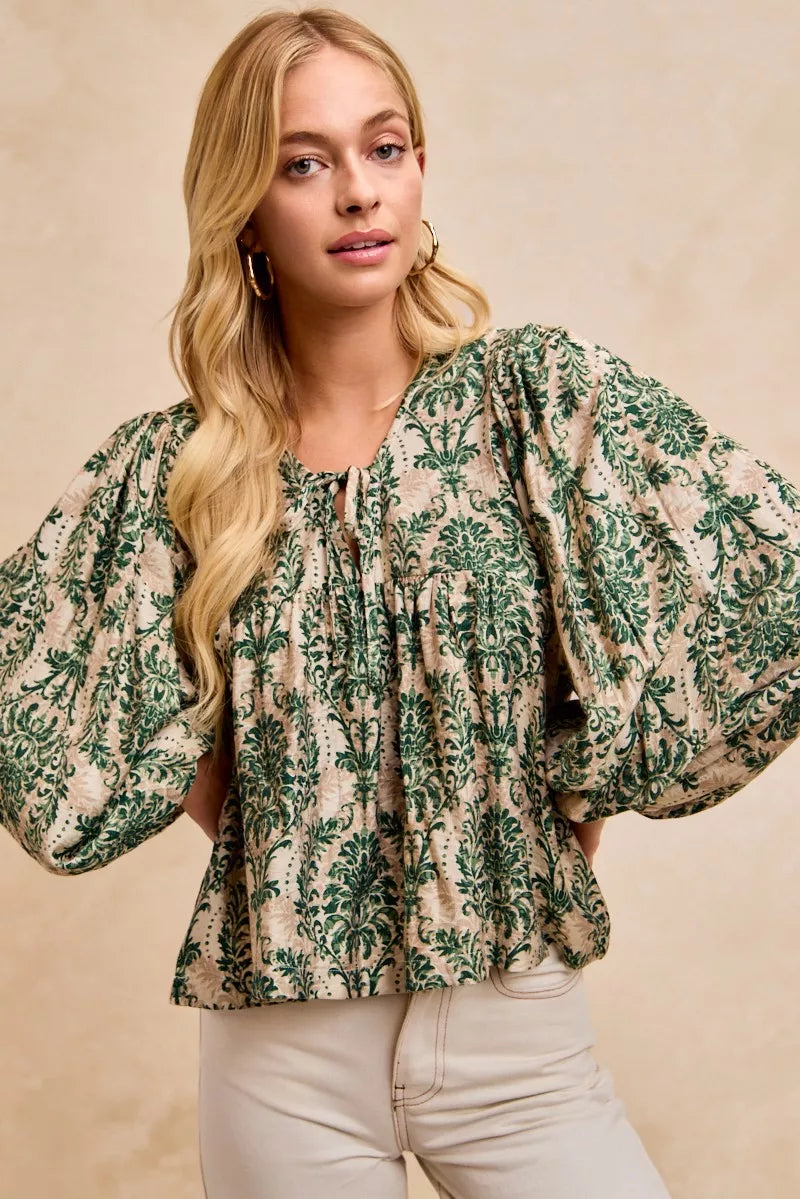 BiBi Printed Woven Front Tied Blouse with Baloon Sleeve