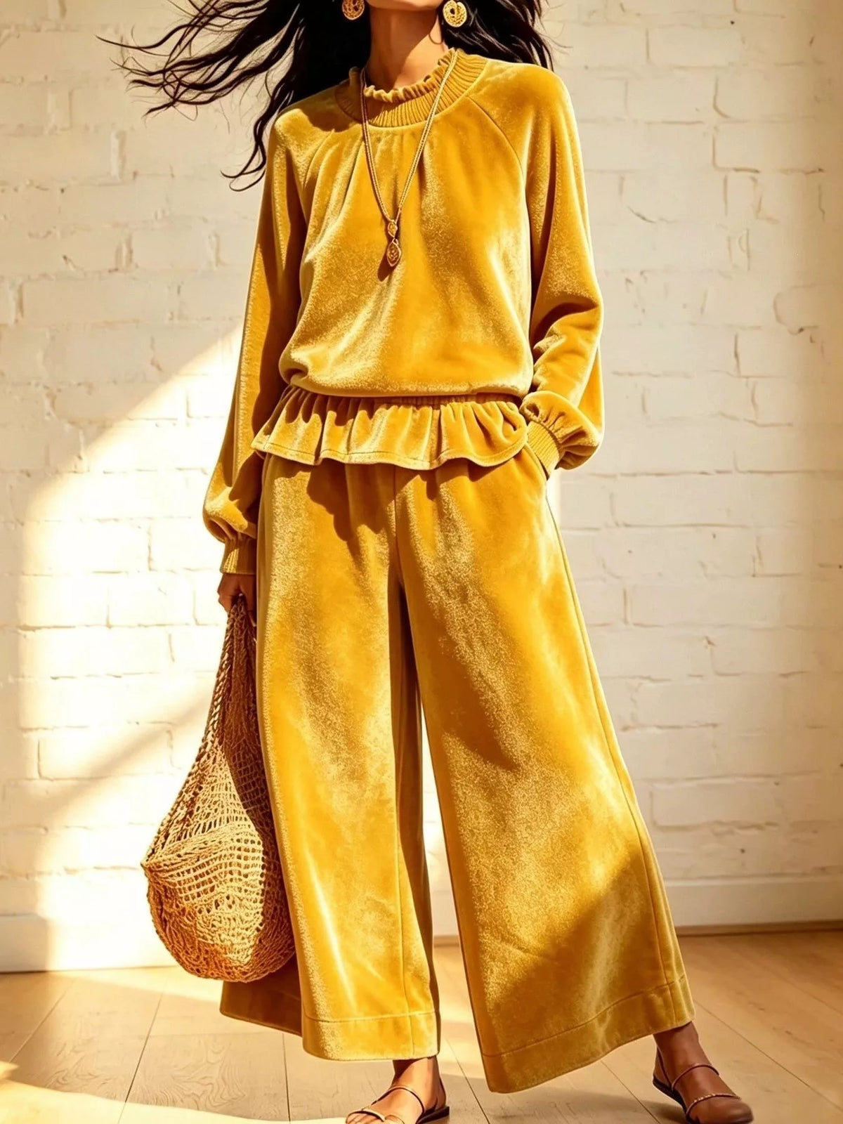 Velvet Peplum Top and Wide-Leg Pants Set