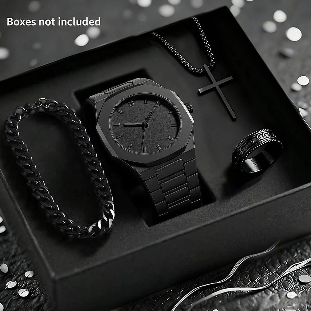 Mens Quartz Watch Necklace Bracelet Set