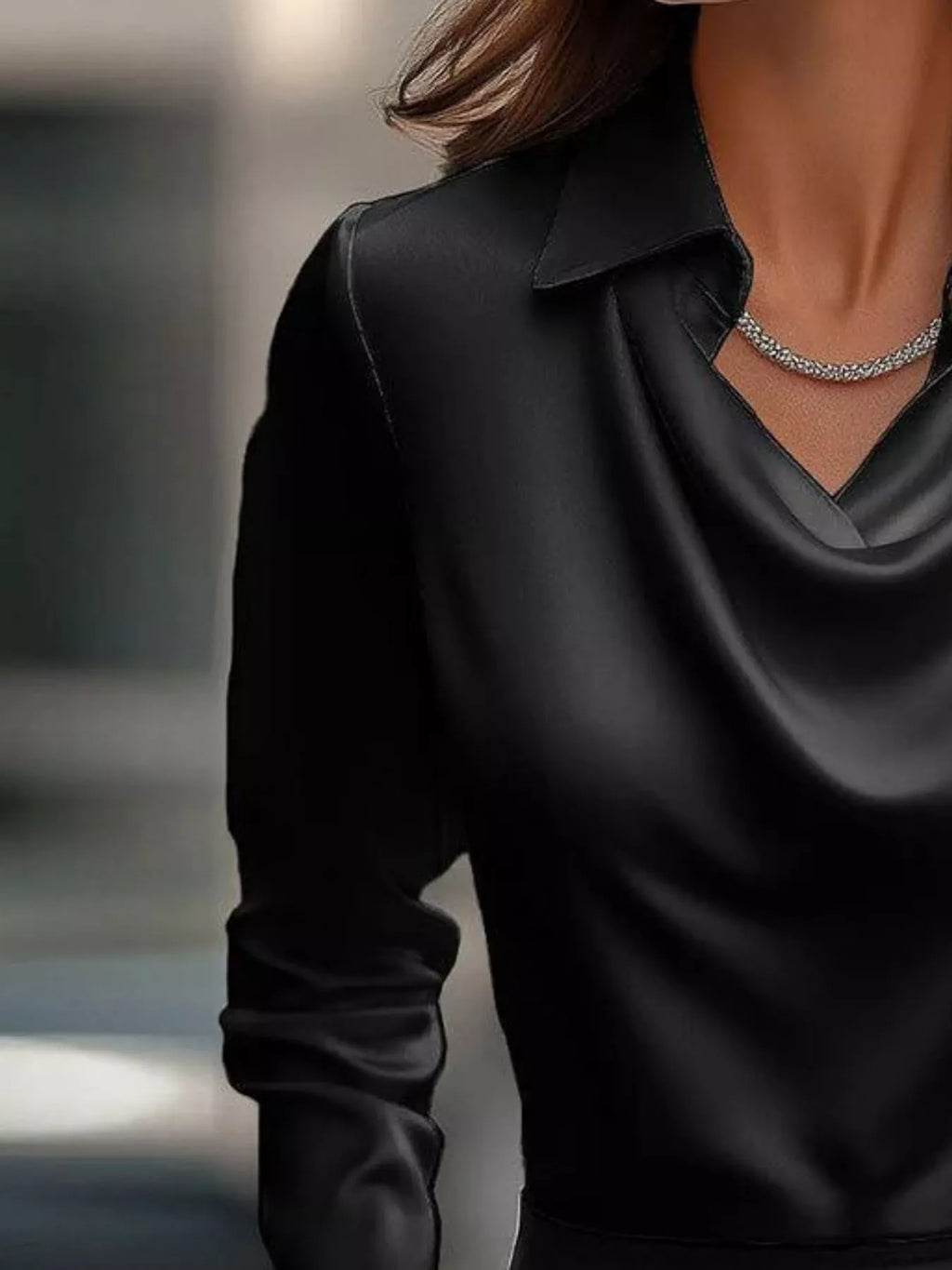 Ruched Long Sleeve Drape Collar Blouse