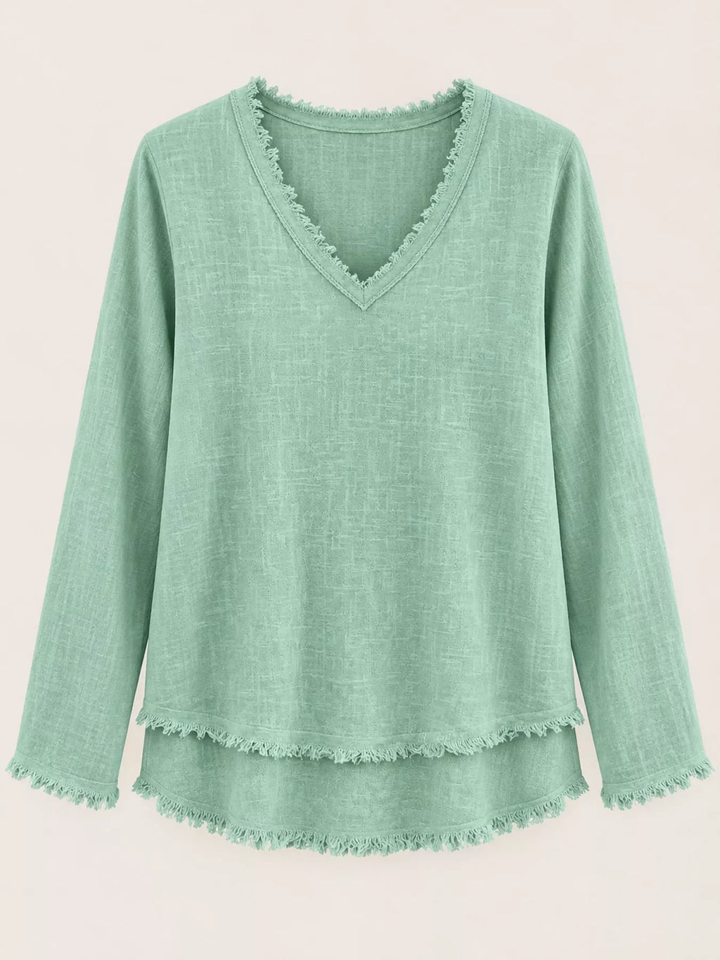 Full Size Frayed Hem V-Neck Long Sleeve Blouse Plus Size