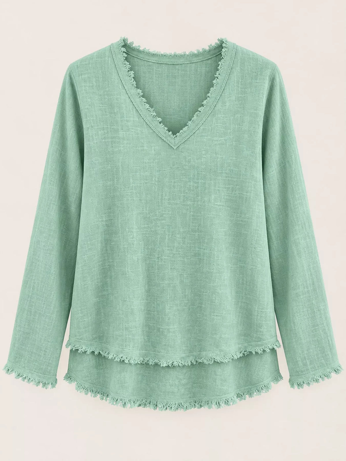 Full Size Frayed Hem V-Neck Long Sleeve Blouse Plus Size