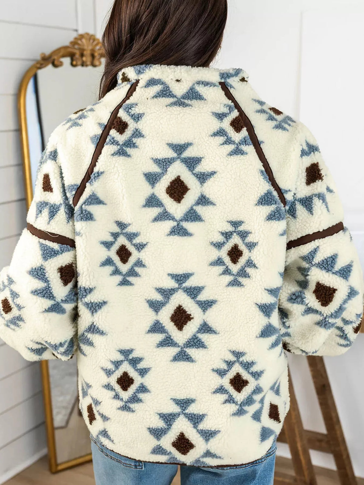 Geometric Print Sherpa Western Style Long Sleeve Sweatshirt