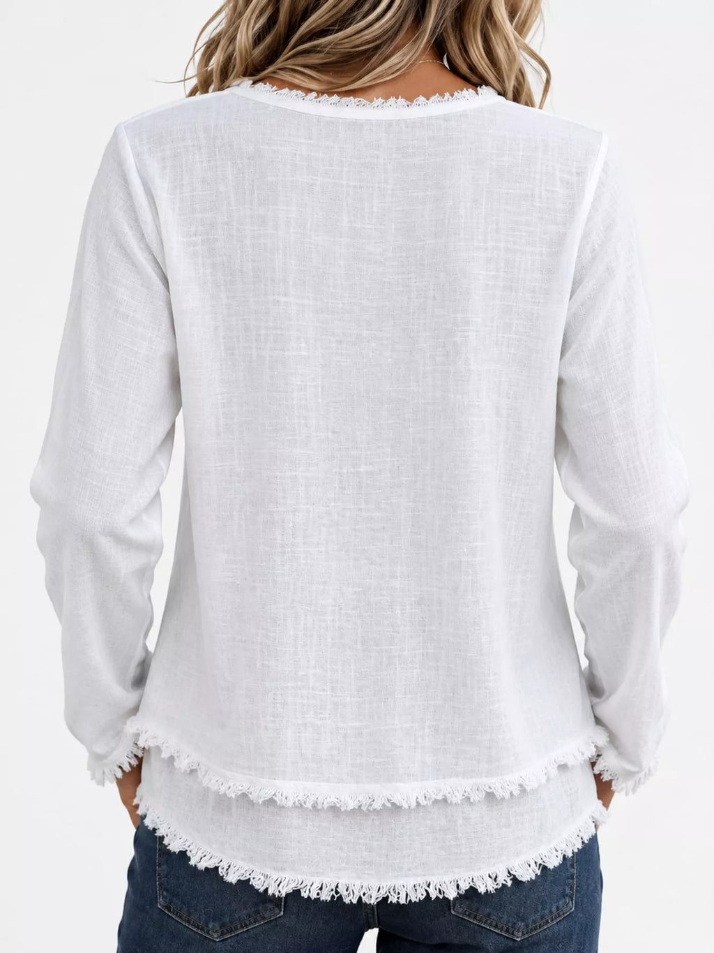 Full Size Frayed Hem V-Neck Long Sleeve Blouse Plus Size