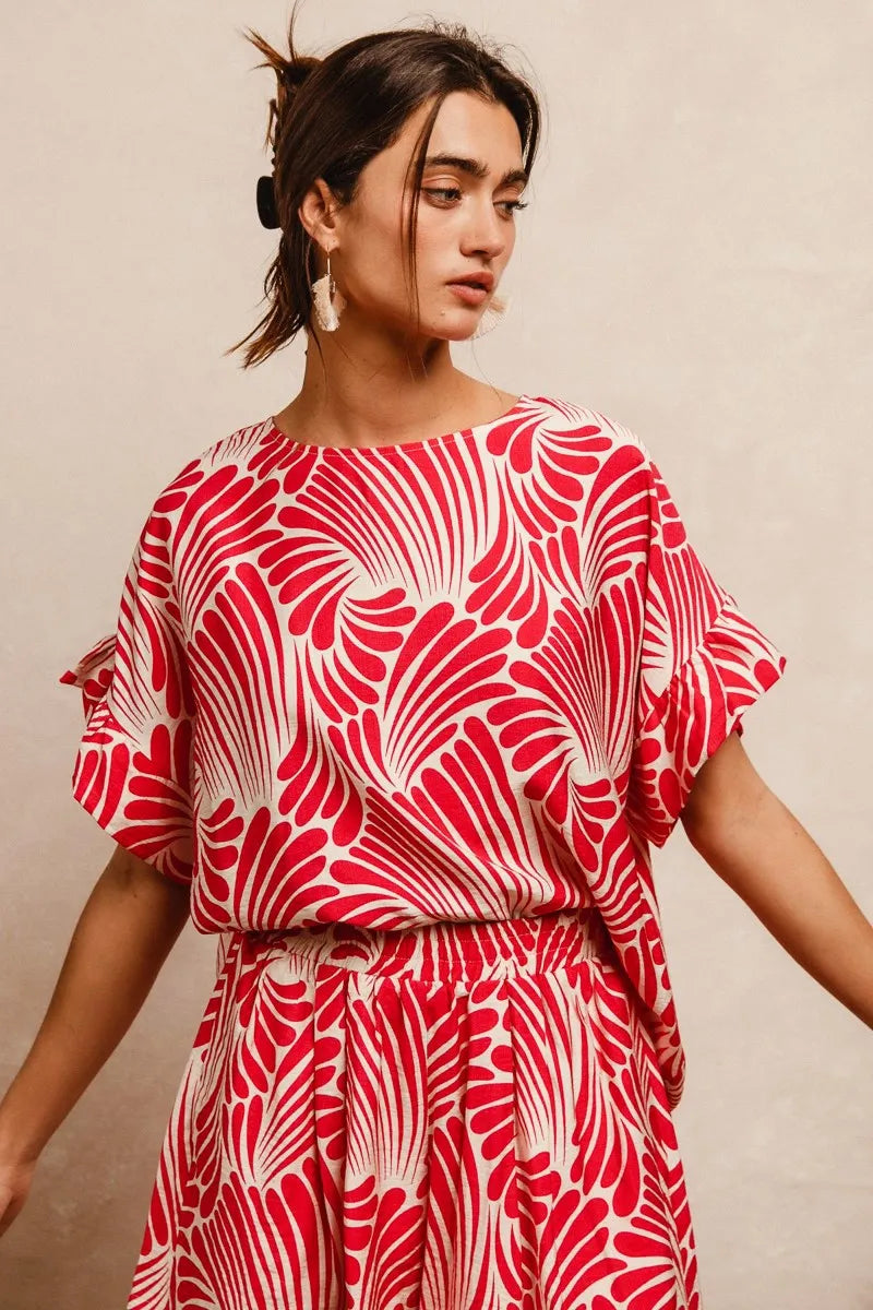 BiBi Print Woven Ruffled Sleeves Top