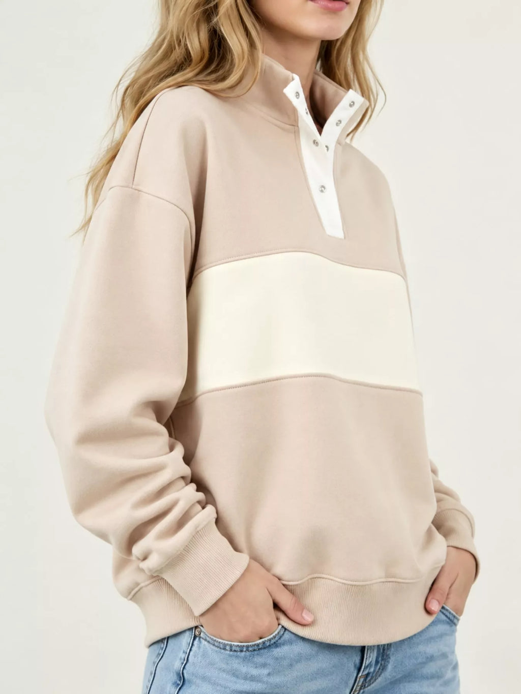 Full Size Color Block Snap-Button Sweatshirt Plus Size