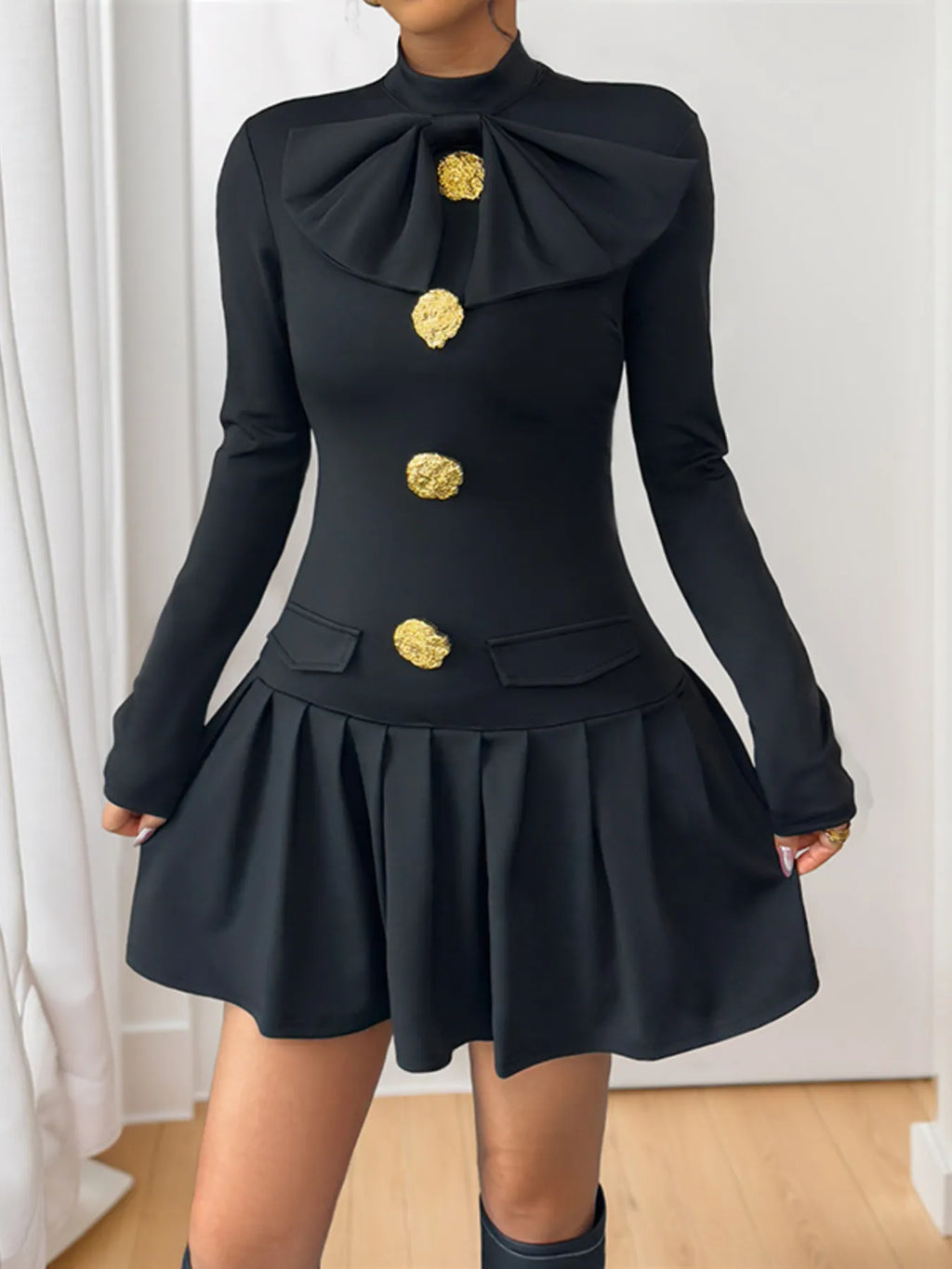 Decorative Button Mock Neck Long Sleeve Mini Dress