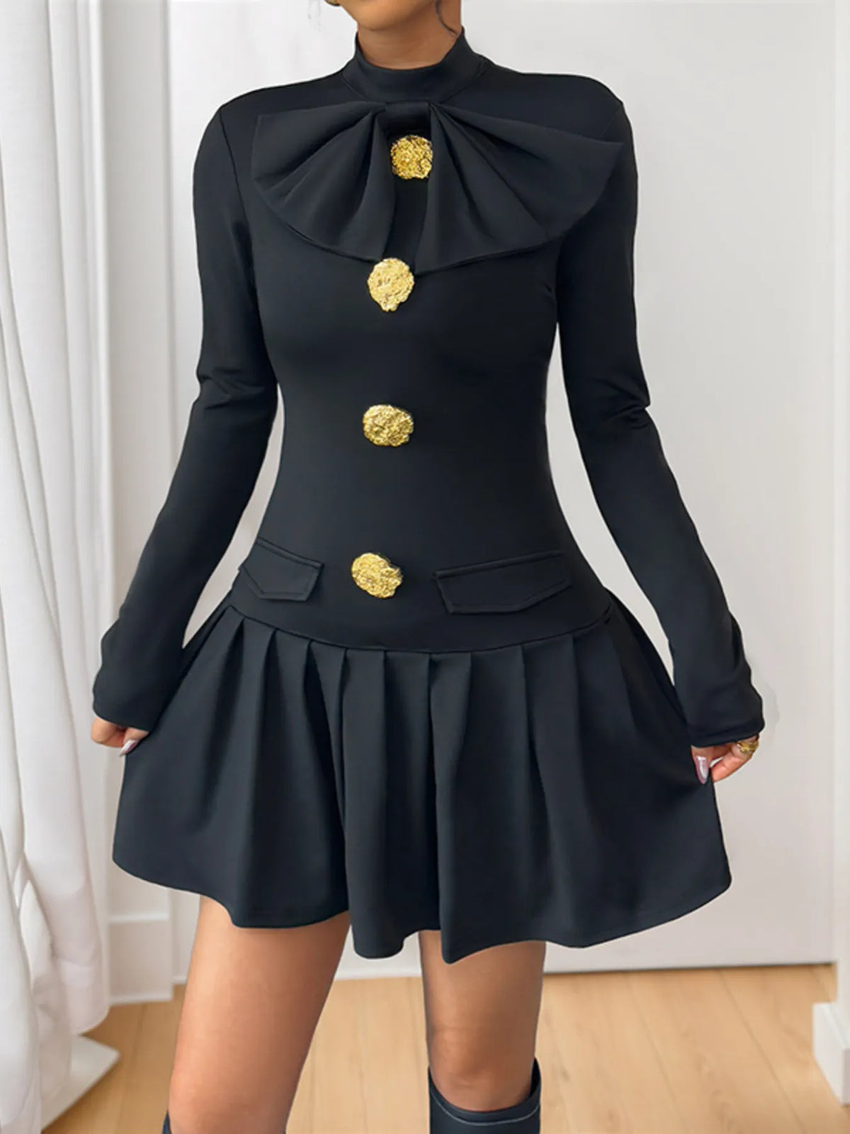 Decorative Button Mock Neck Long Sleeve Mini Dress