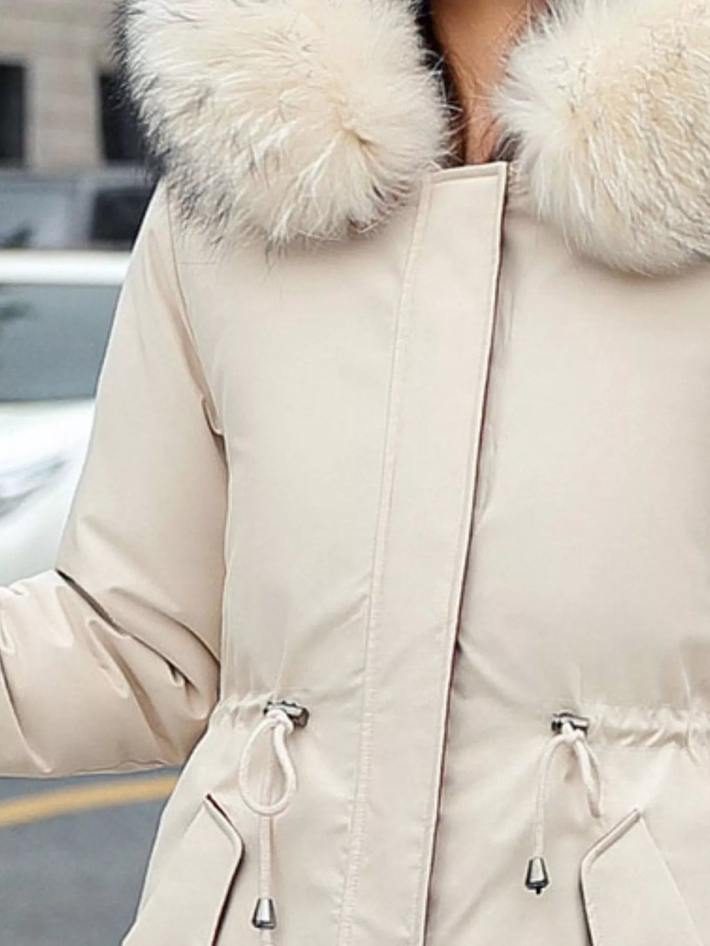 Detachable Longline Hooded Parka with Faux Fur Trim and Drawstring Waist