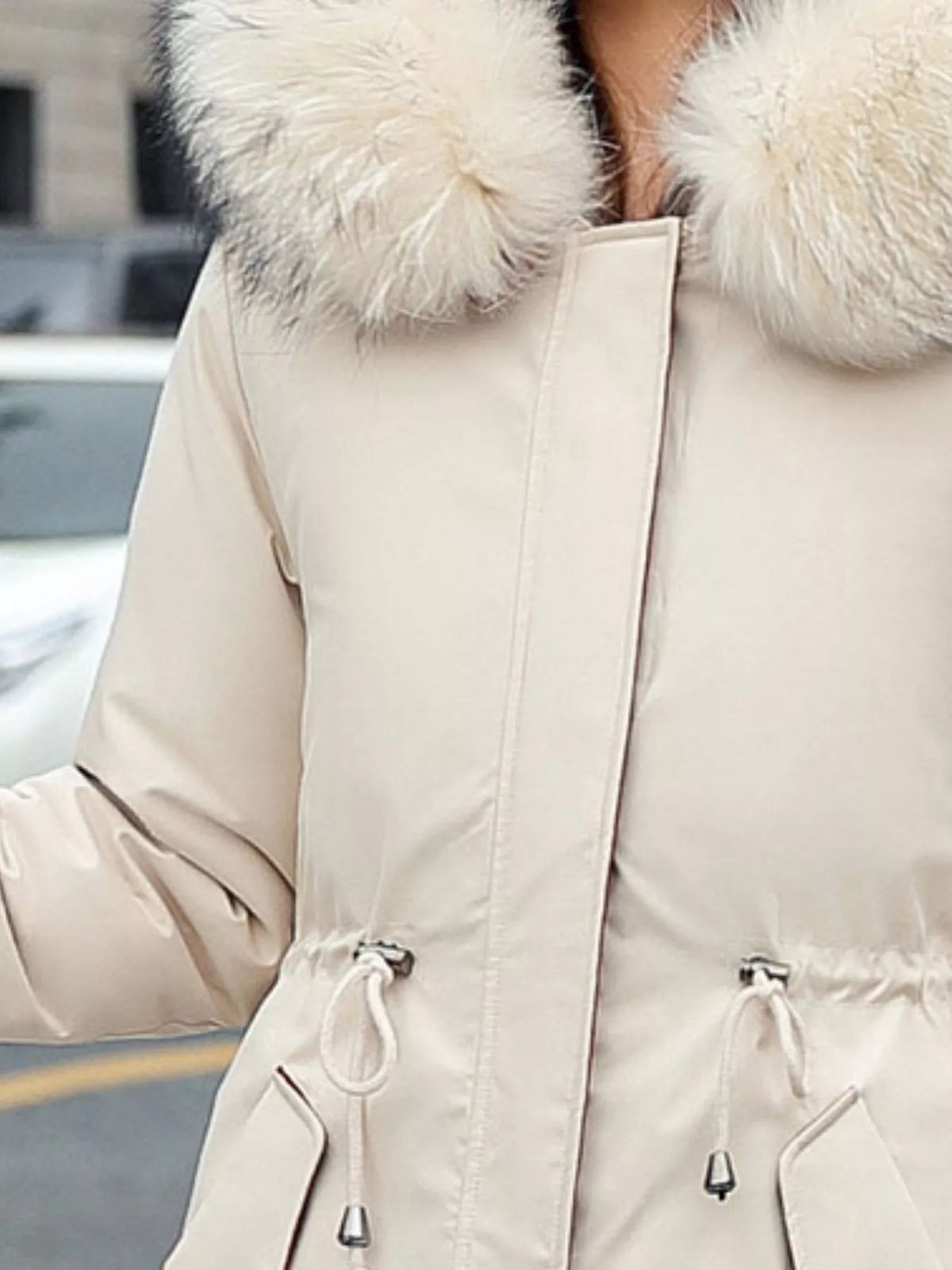 Detachable Longline Hooded Parka with Faux Fur Trim and Drawstring Waist