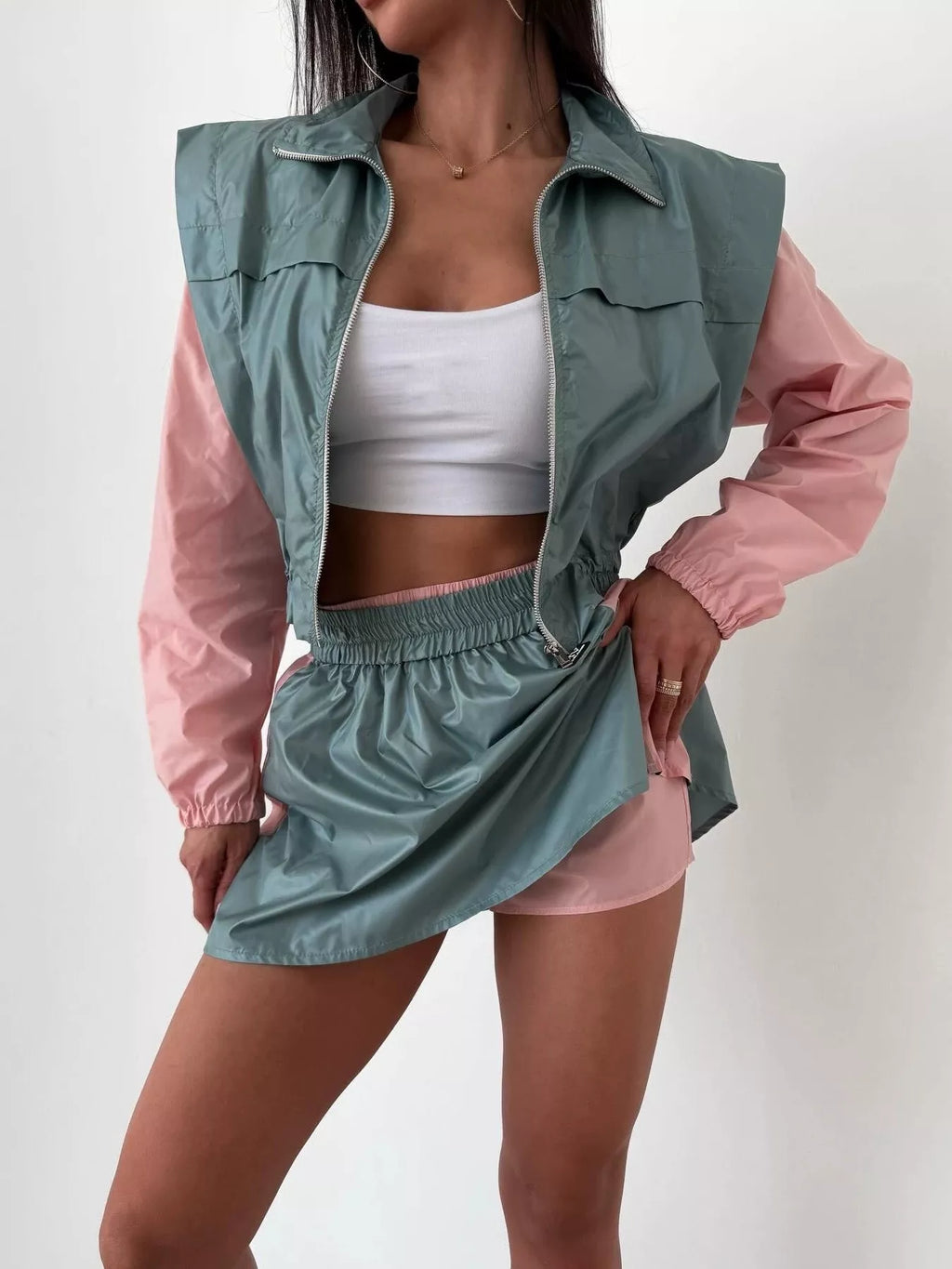Color-Block Cropped Jacket and Skort Set