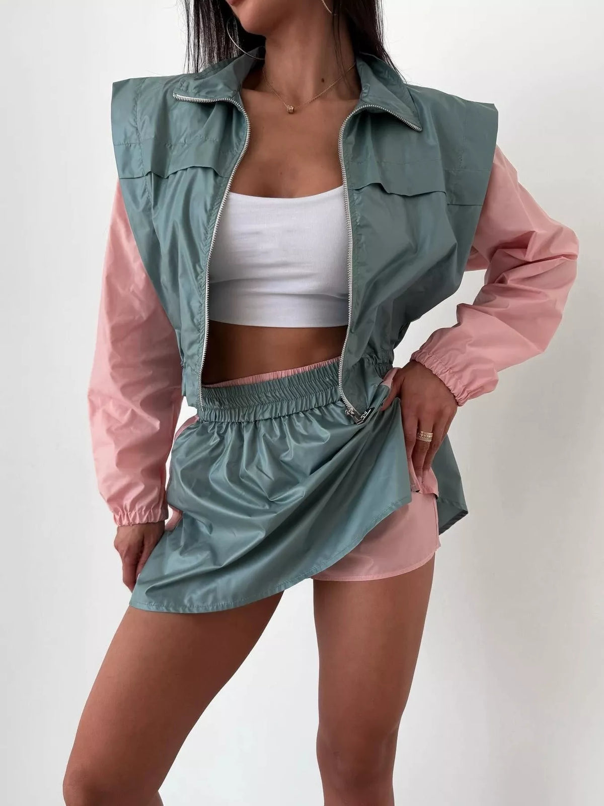 Color-Block Cropped Jacket and Skort Set