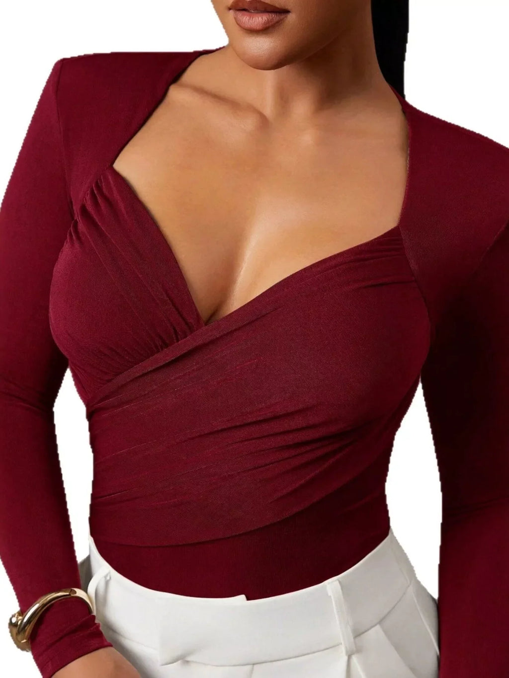 Ruched Surplice Long Sleeve Bodysuit