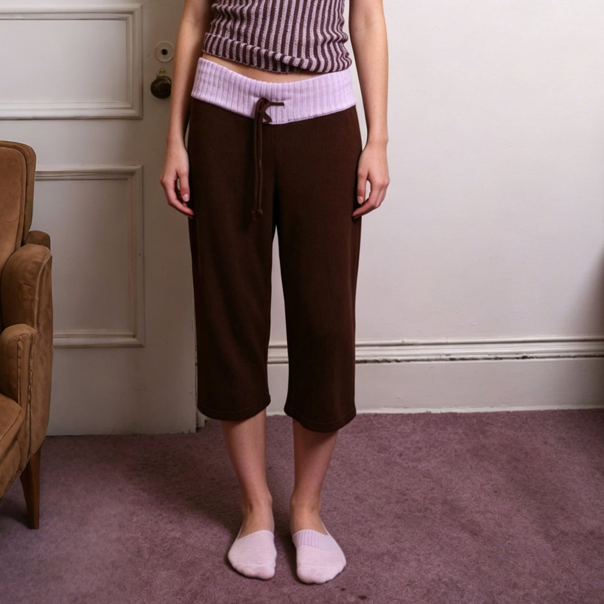 New Womens Summer Casual Pants With A Color-block Ribbed Waistband