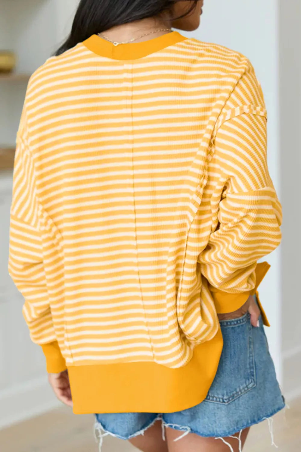 Stripe Halloween Pumpkin Face Waffle Knit Pullover Loose Top with Slits