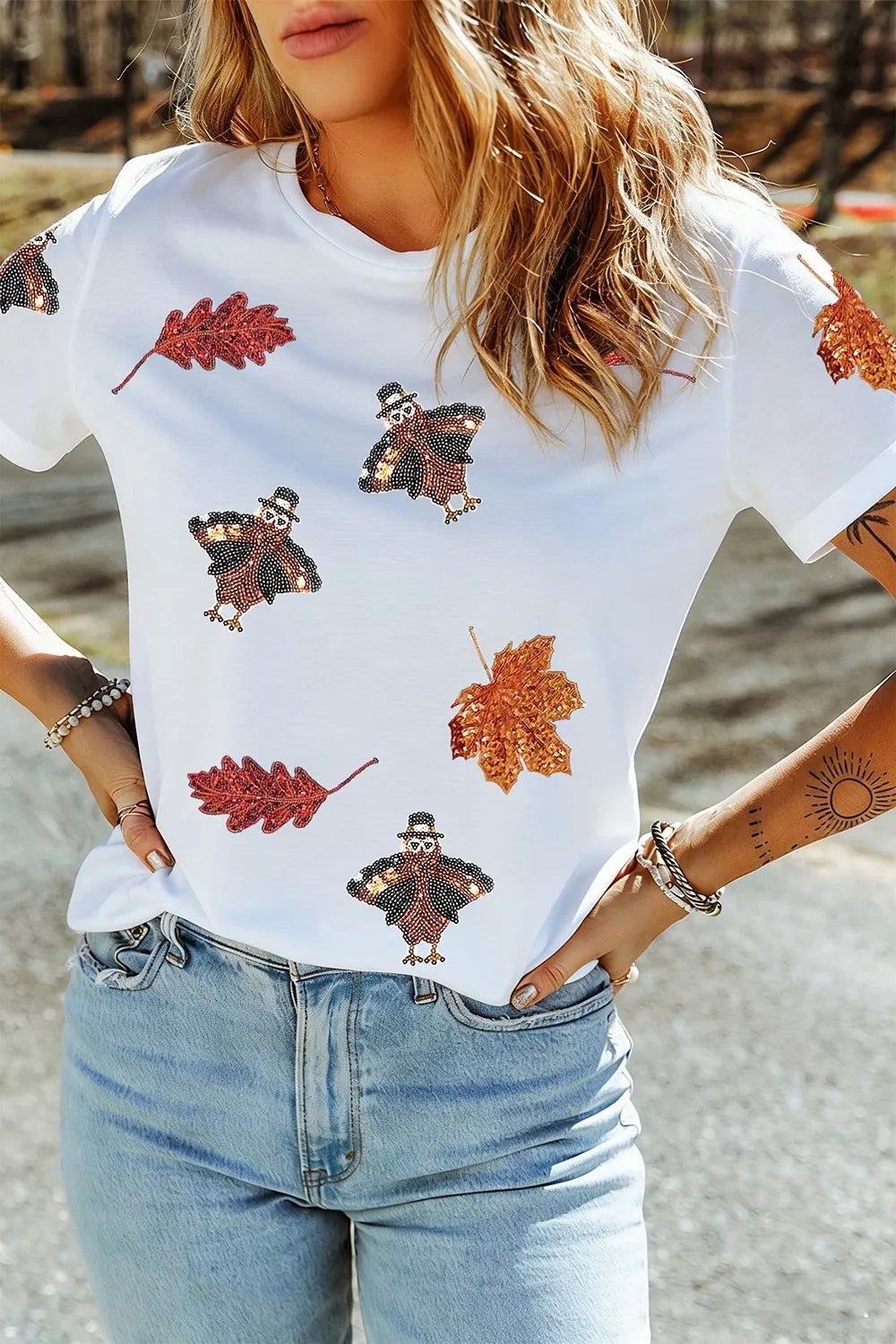Full Size Sequin Autumn Leaf Thanksgiving Turkey T Shirt Plus Size