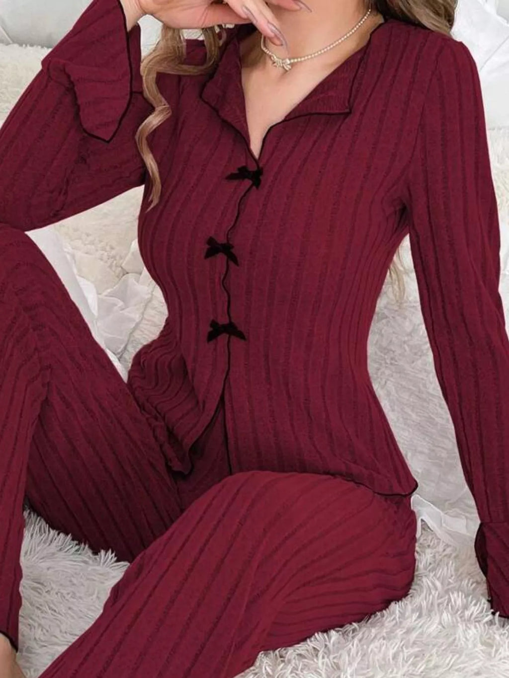 Contrast Bow Detail Top and Pants Lounge Set