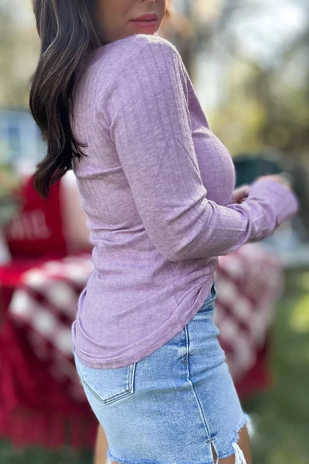 Solid Color Ribbed Texture Long Sleeve Round Neck Casual Top