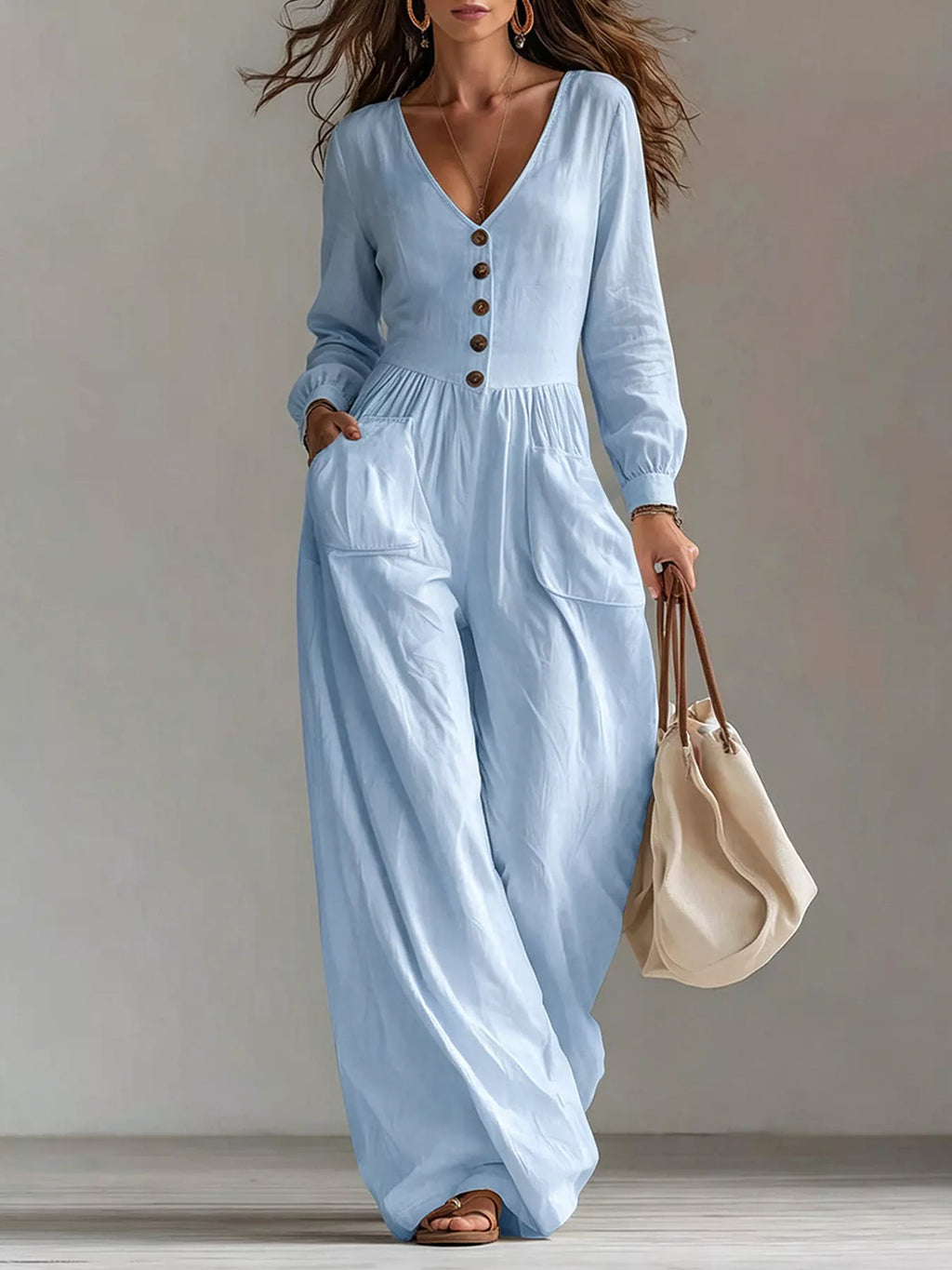 V-Neck Long Sleeve Button Front Wide-Leg Jumpsuit