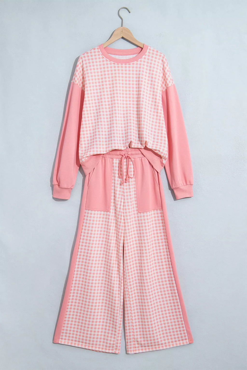 Color Block Plaid Patchwork Long Sleeve Pullover Wide Leg Pant Set