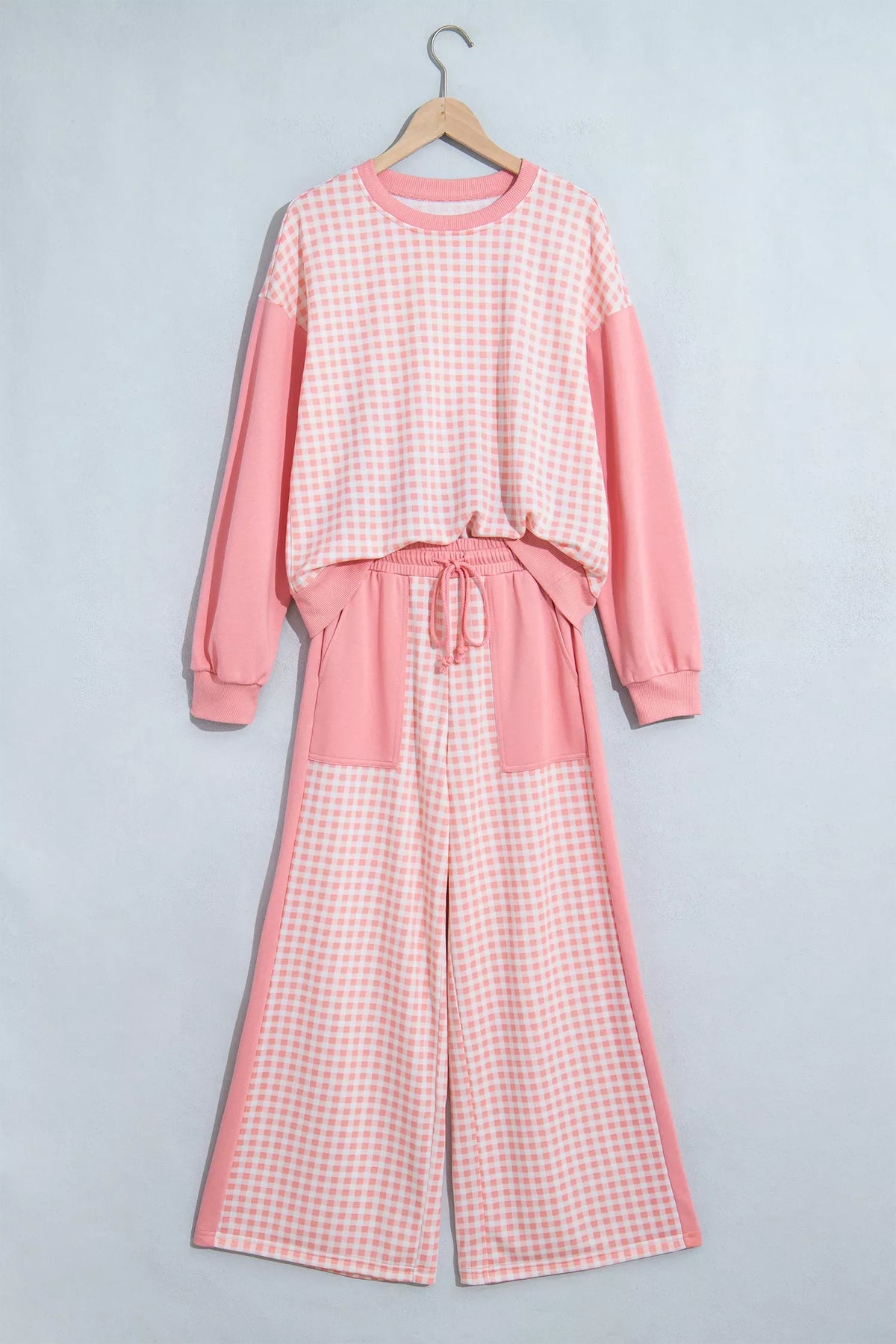 Color Block Plaid Patchwork Long Sleeve Pullover Wide Leg Pant Set