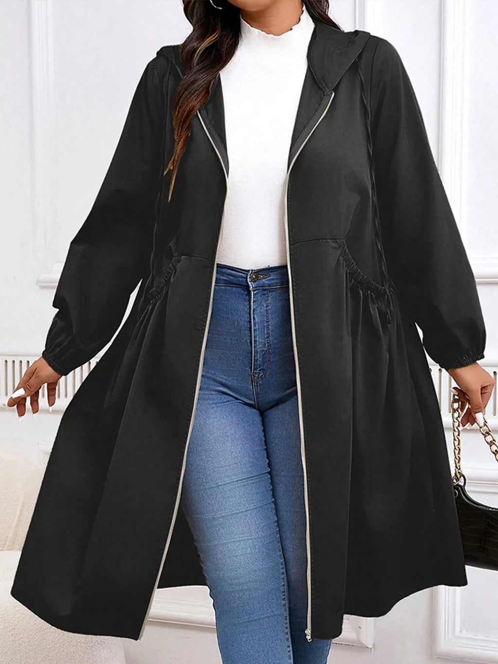 Plus Size Hooded Zip-Up Longline Windbreaker Outerwear