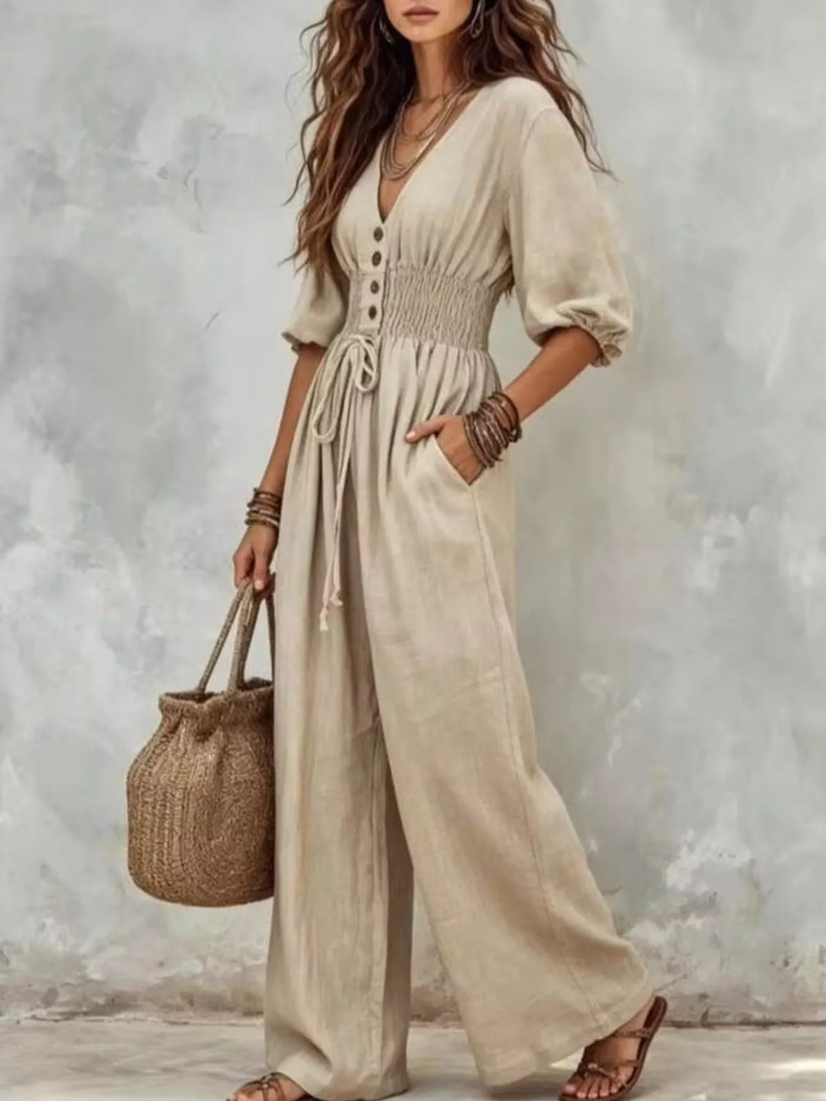 V-Neck Smocked Waist Wide-Leg Jumpsuit