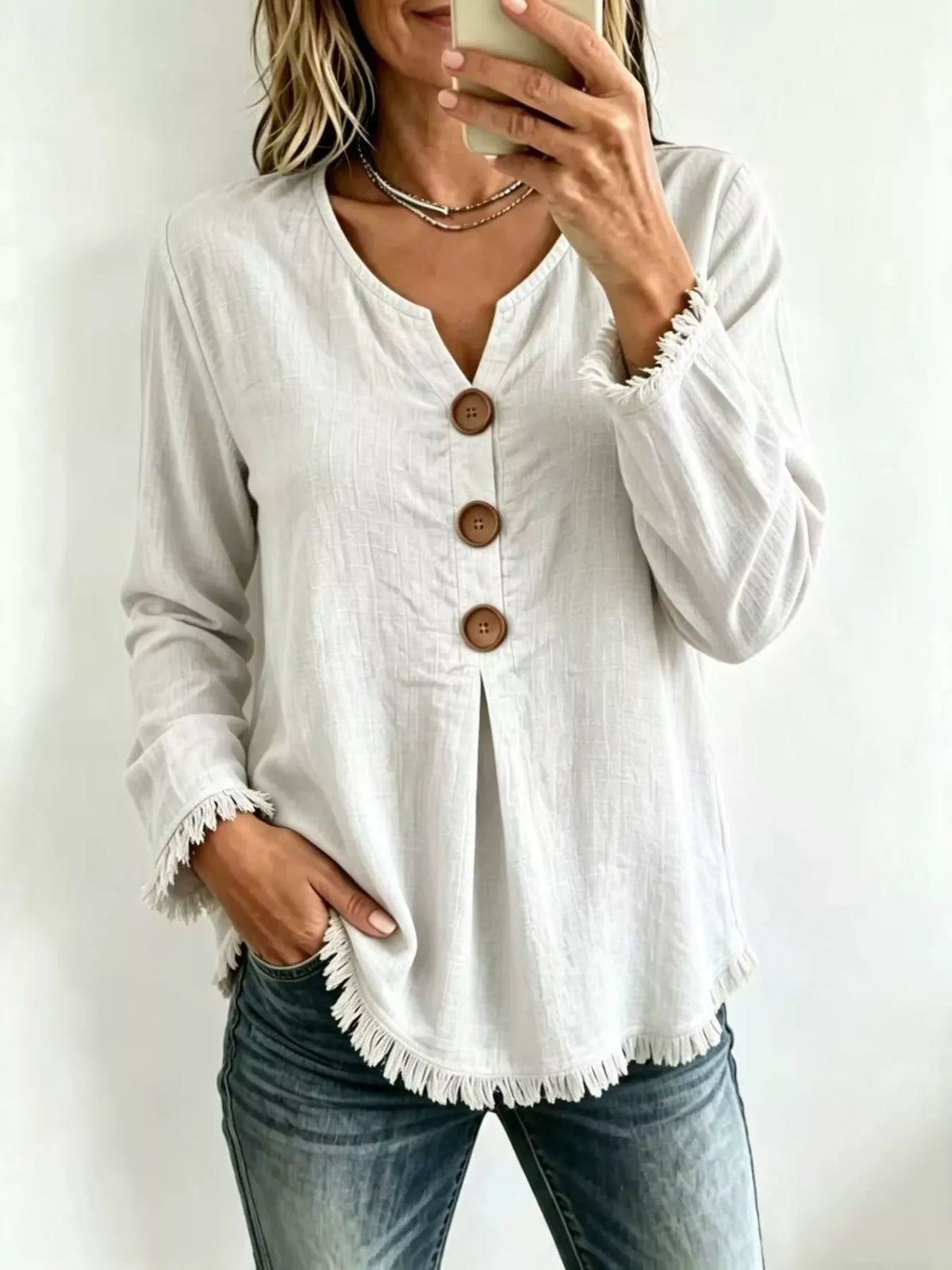 Full Size Casual Half-Button Blouse with Frayed Hem Detail Plus Size