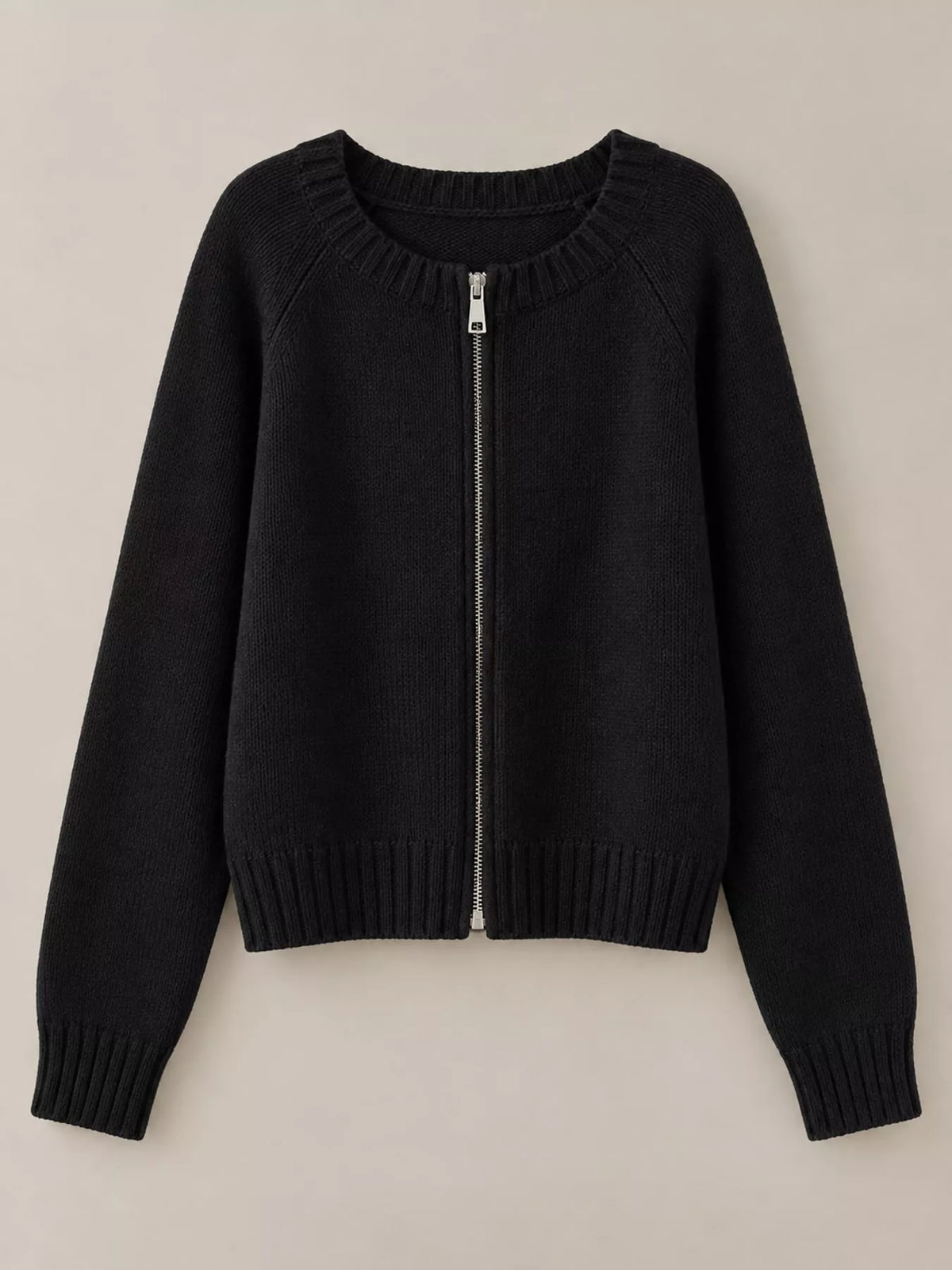 Ribbed Hem Zip-Up Cardigan