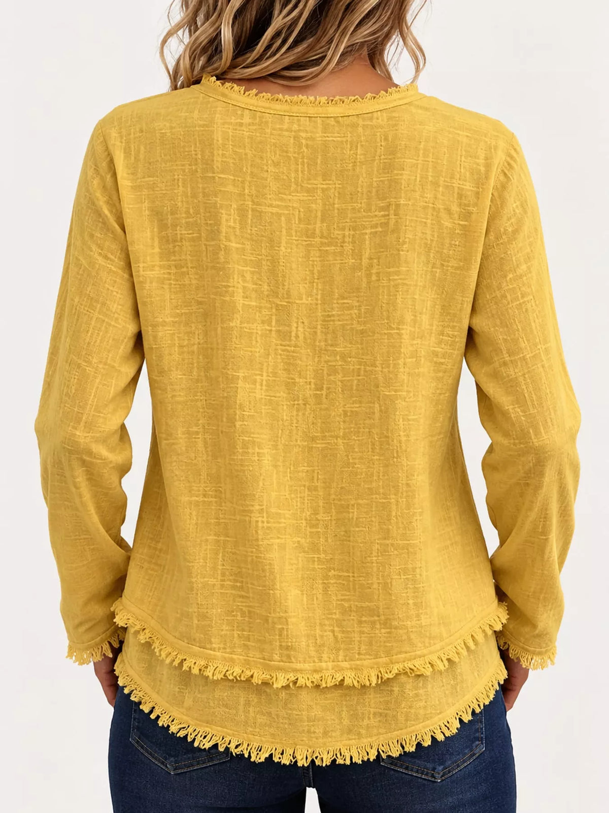 Full Size Frayed Hem V-Neck Long Sleeve Blouse Plus Size