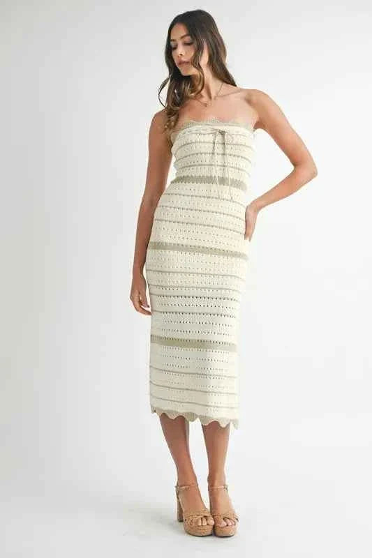 Contrast Striped Crochet Knit Midi Dress with Side Slit