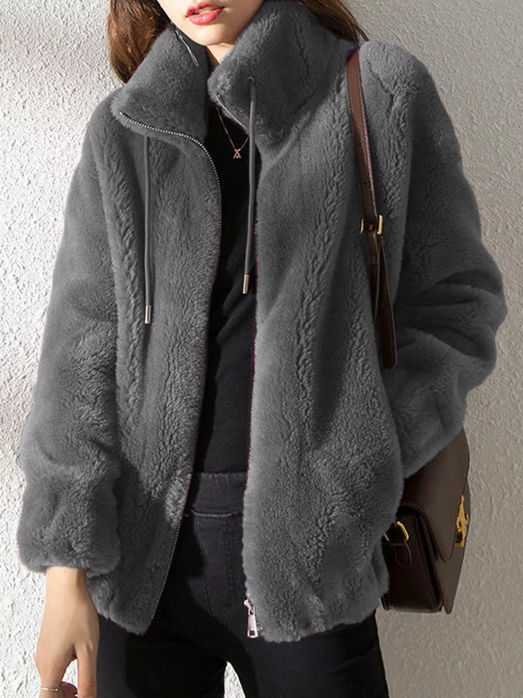 Full Size Drawstring Faux Fur Stand-Collar Zip-Up Outerwear Plus Size