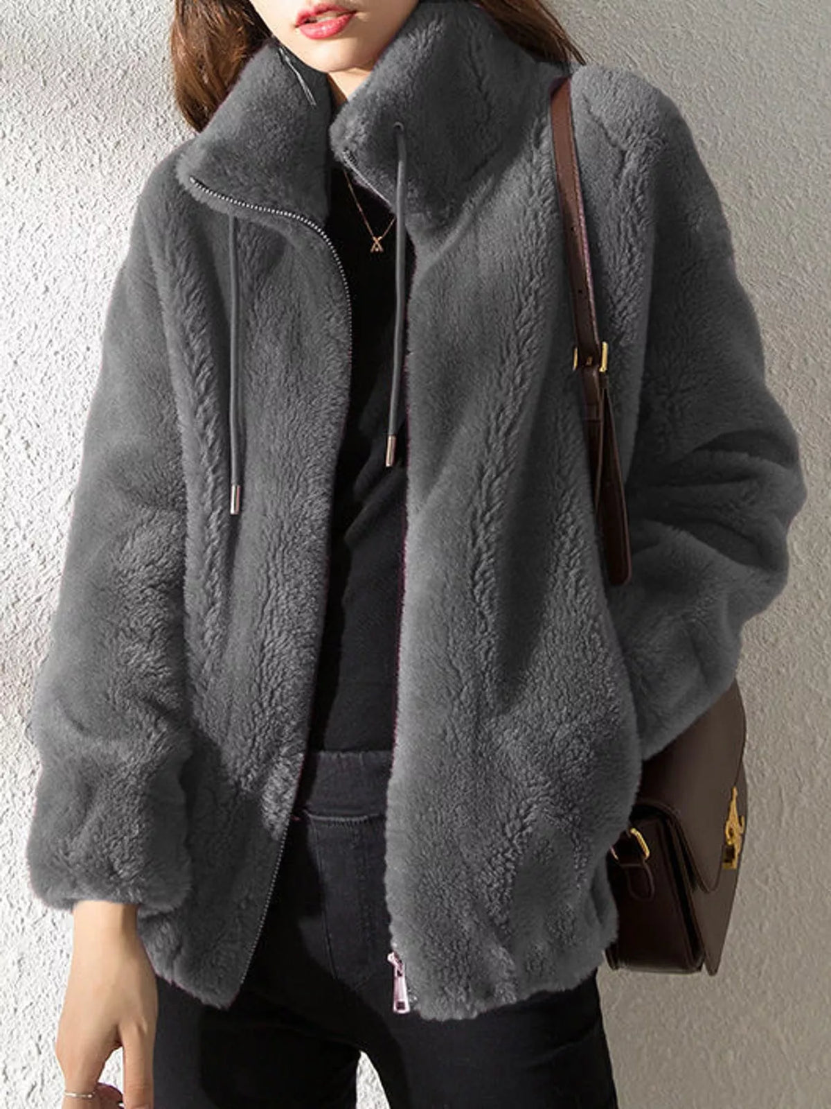 Full Size Drawstring Faux Fur Stand-Collar Zip-Up Outerwear Plus Size