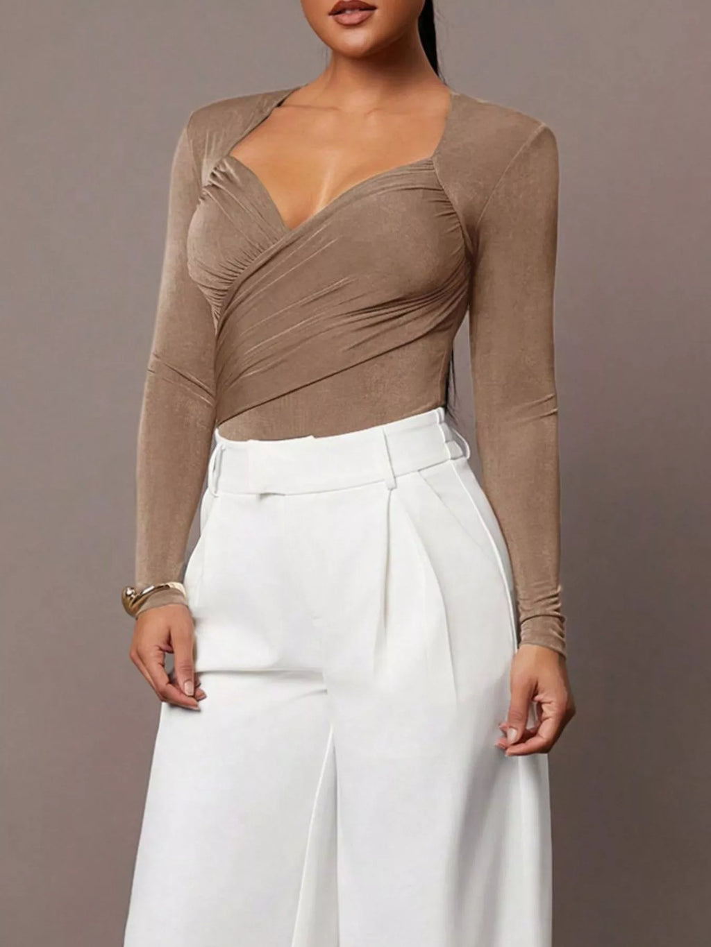 Ruched Surplice Long Sleeve Bodysuit