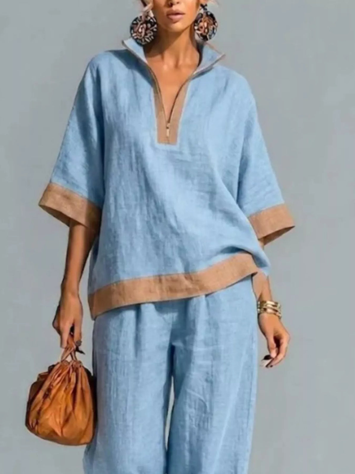 Full Size Contrast Trim Top and Wide Leg Pants Set Plus Size