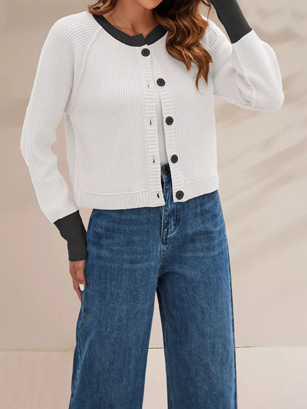 Color Block Ribbed Knit Button-Front Cardigan