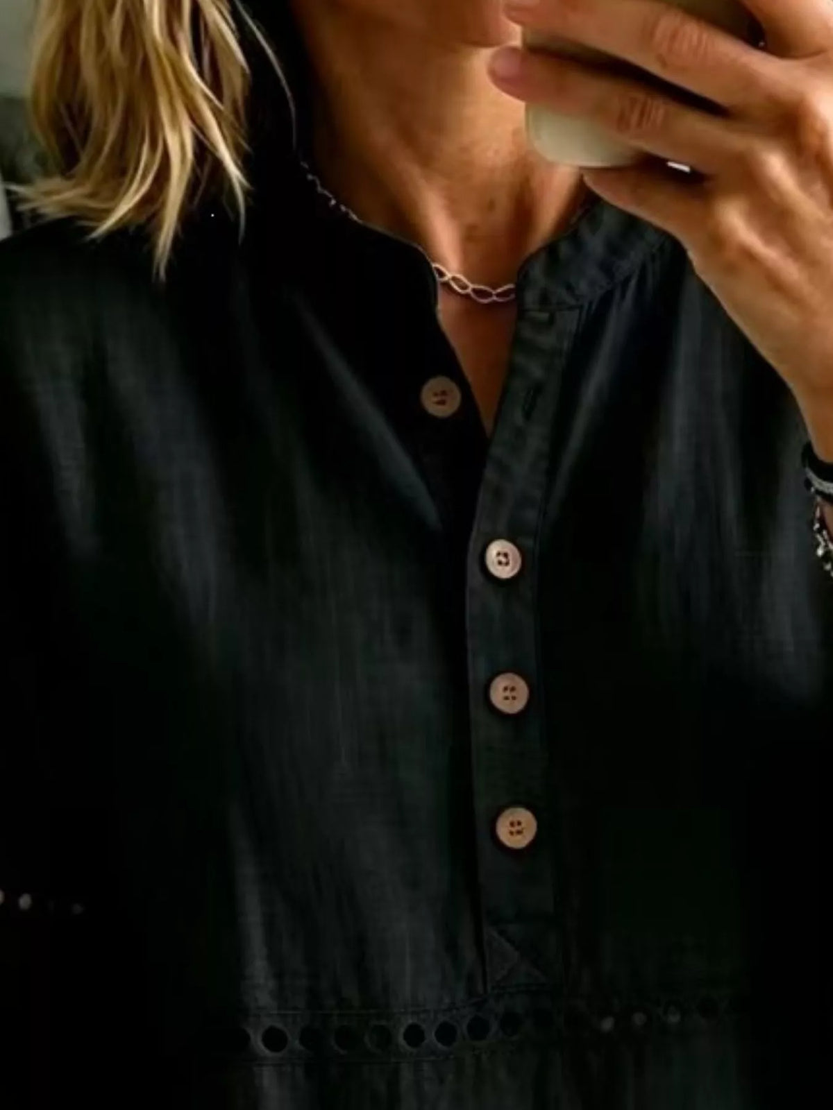Full Size Button Detail Eyelet Long Sleeve Blouse Plus Size
