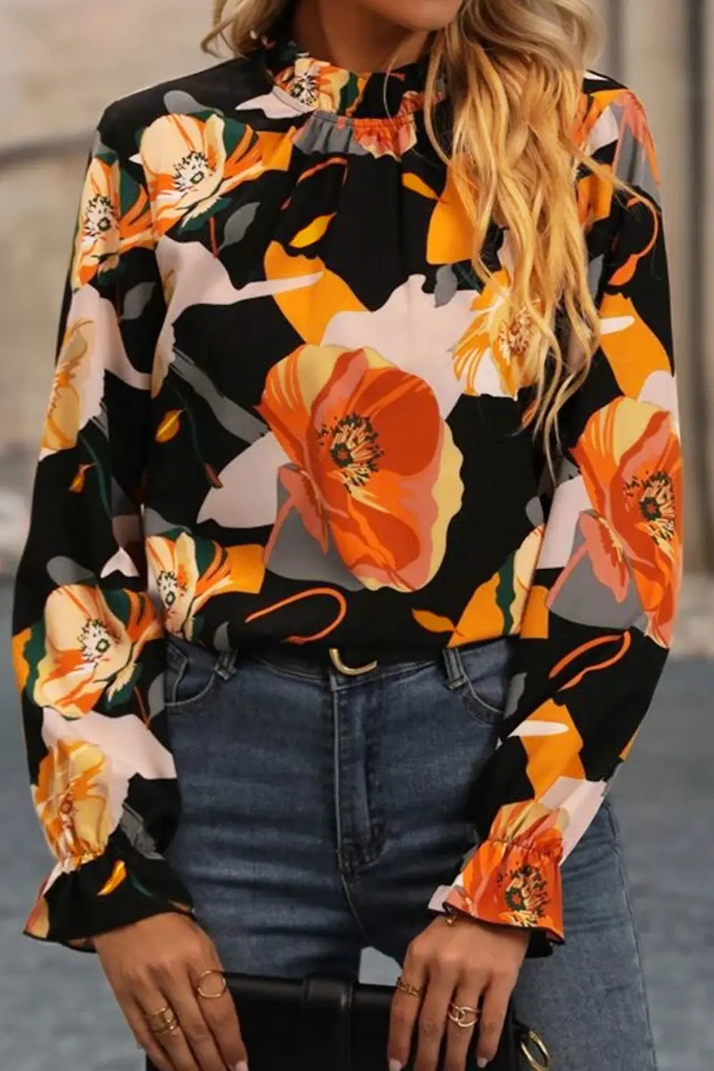 Floral Mock Neck Blouse with Flounce Sleeves