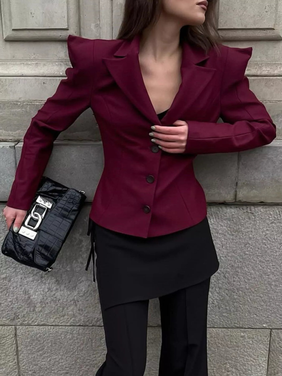 Sharp-Shouldered Tailored Long Sleeve Blazer