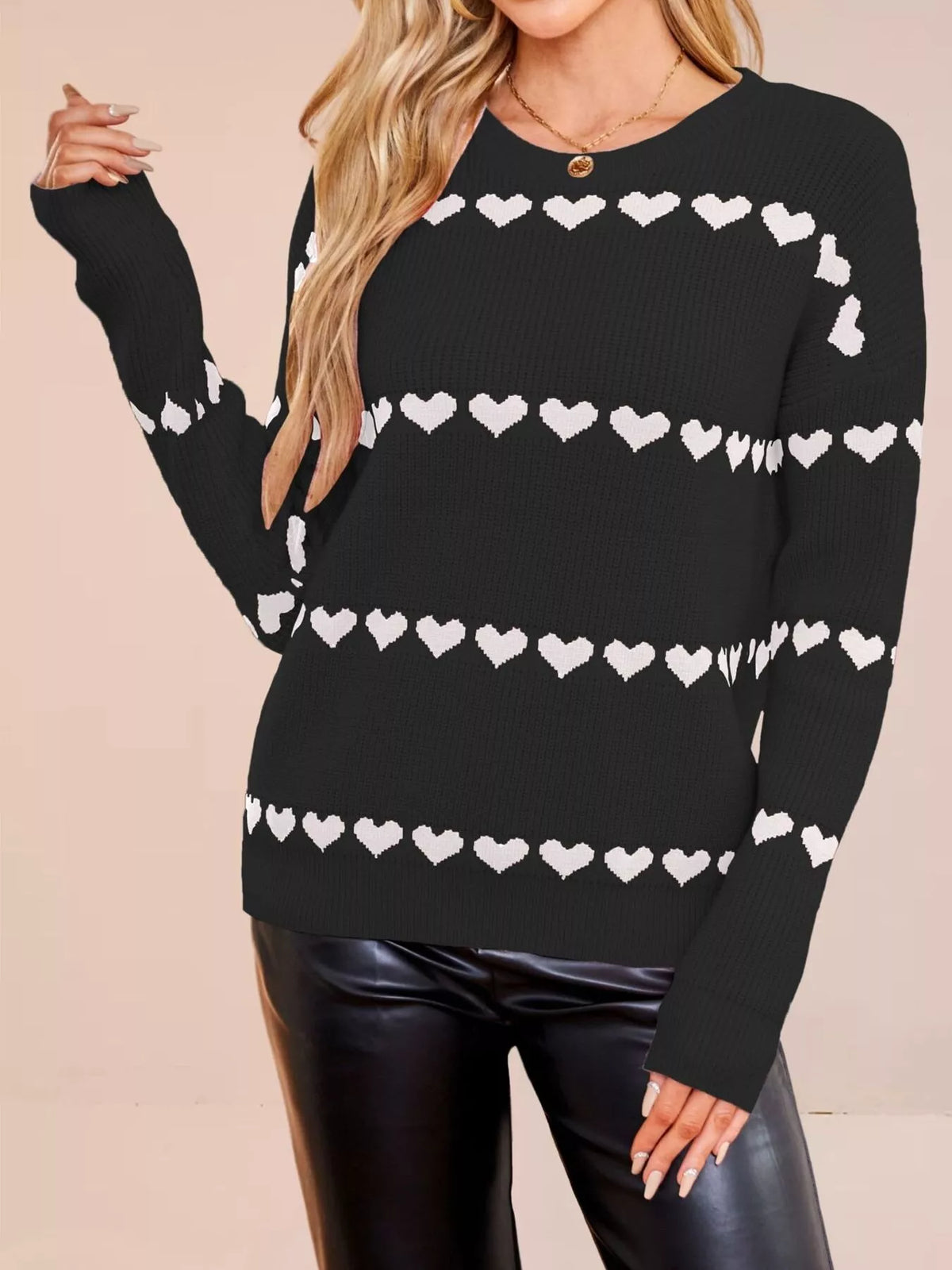 Heart Pattern Dropped Shoulder Sweater
