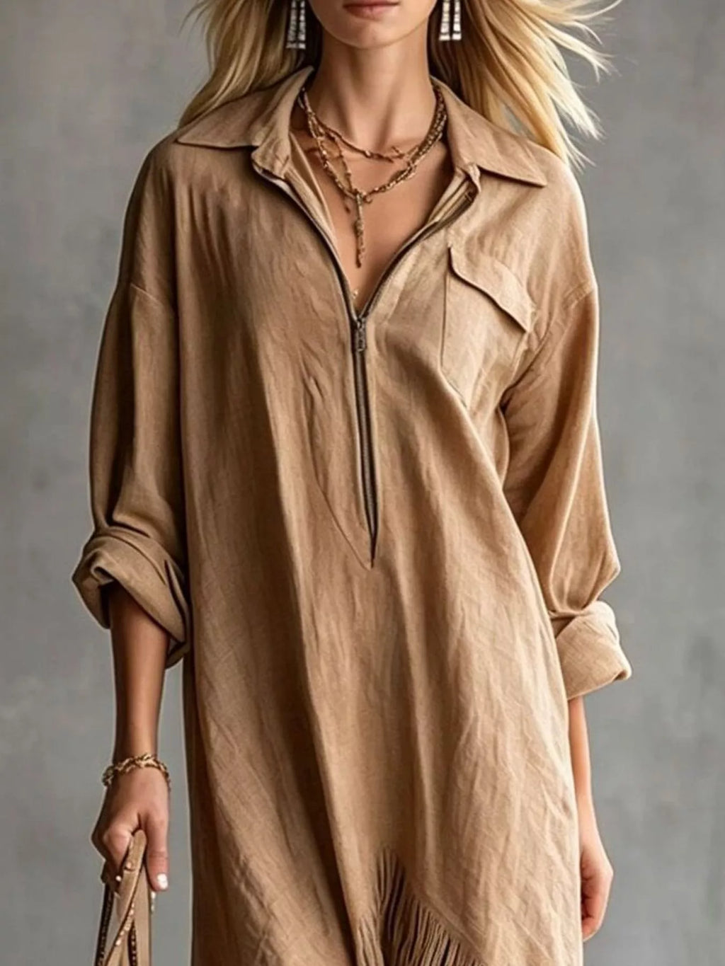 Zipper-Front Fringe Hem Midi Dress