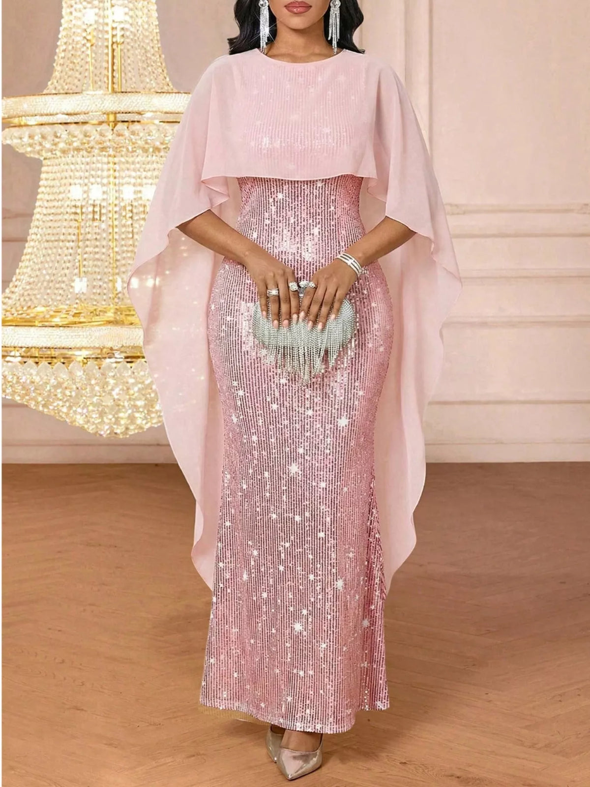 Sequin Cape Overlay Evening Dress