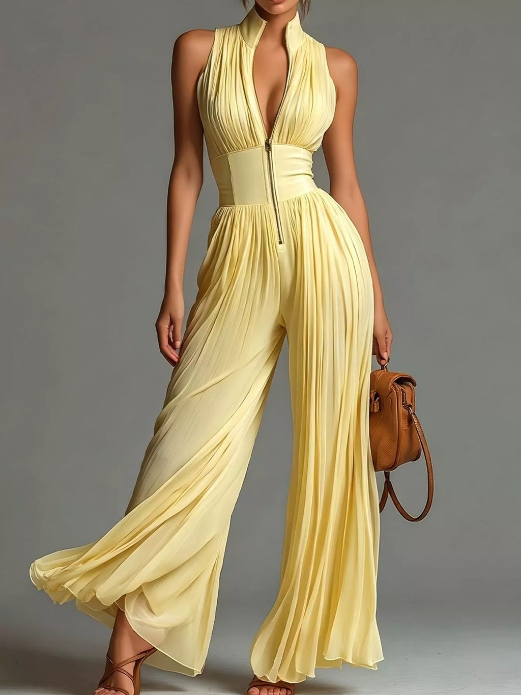 Sleeveless Pleated Wide-Leg Jumpsuit with Front Zipper