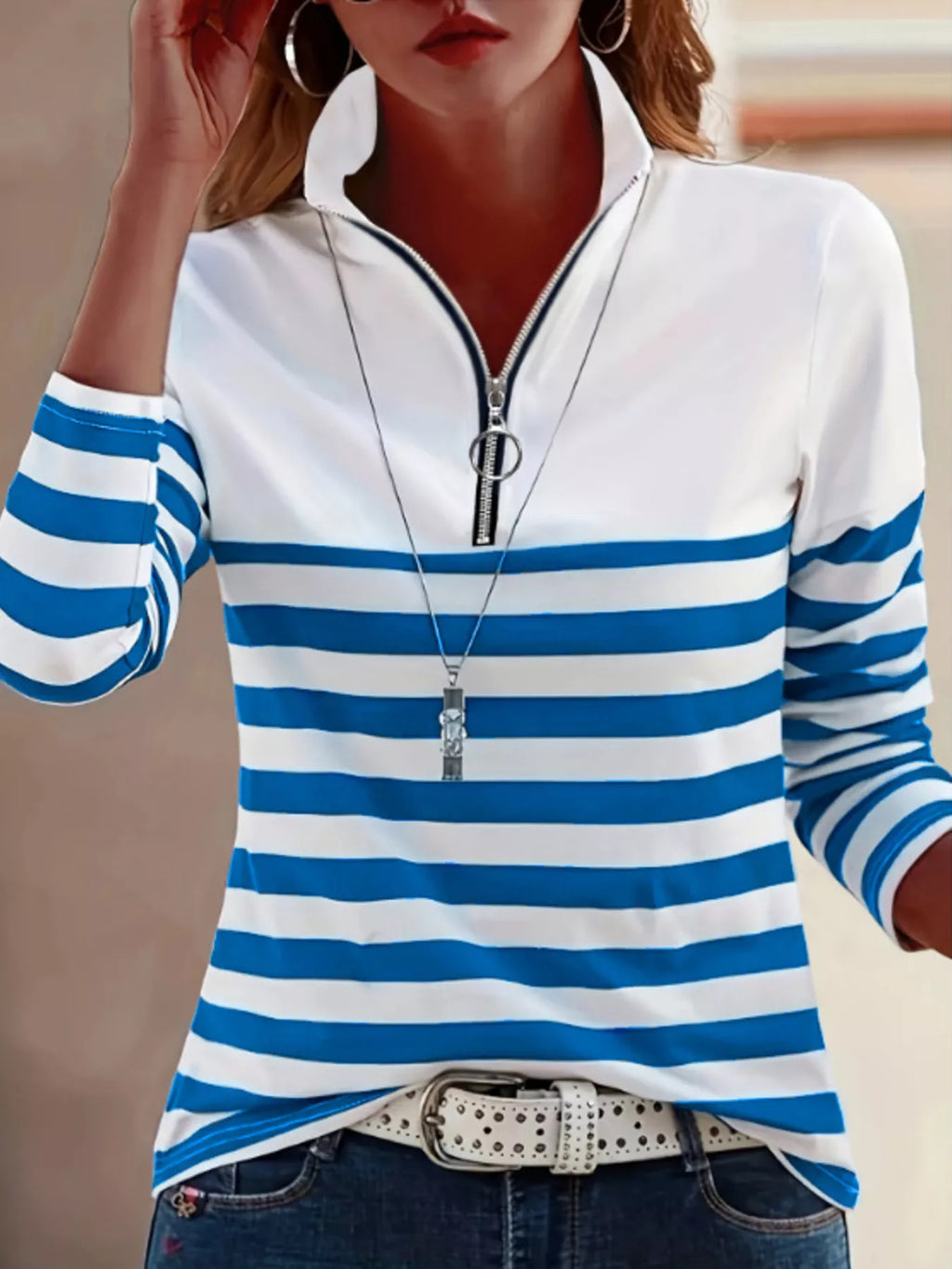 Quarter-Zip Striped Long Sleeve T-Shirt
