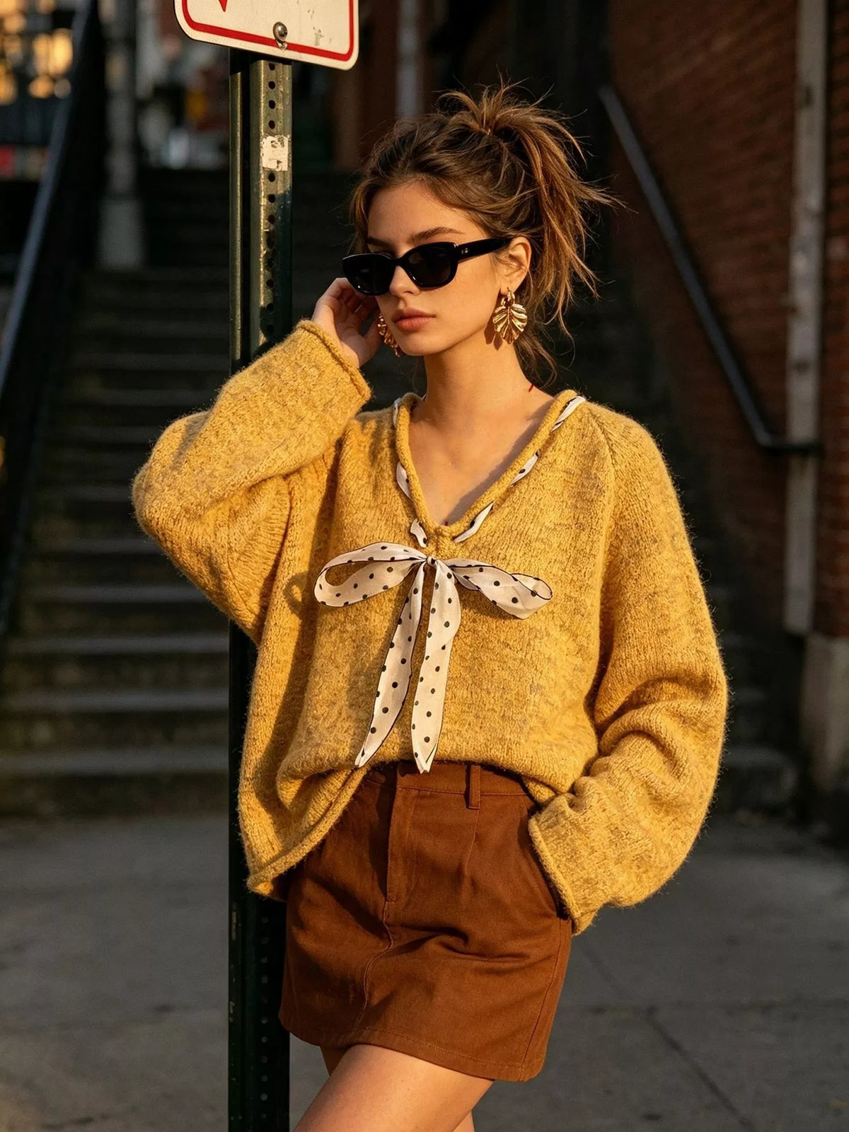 Chic V-Neck Sweater with Polka Dot Ribbon Tie