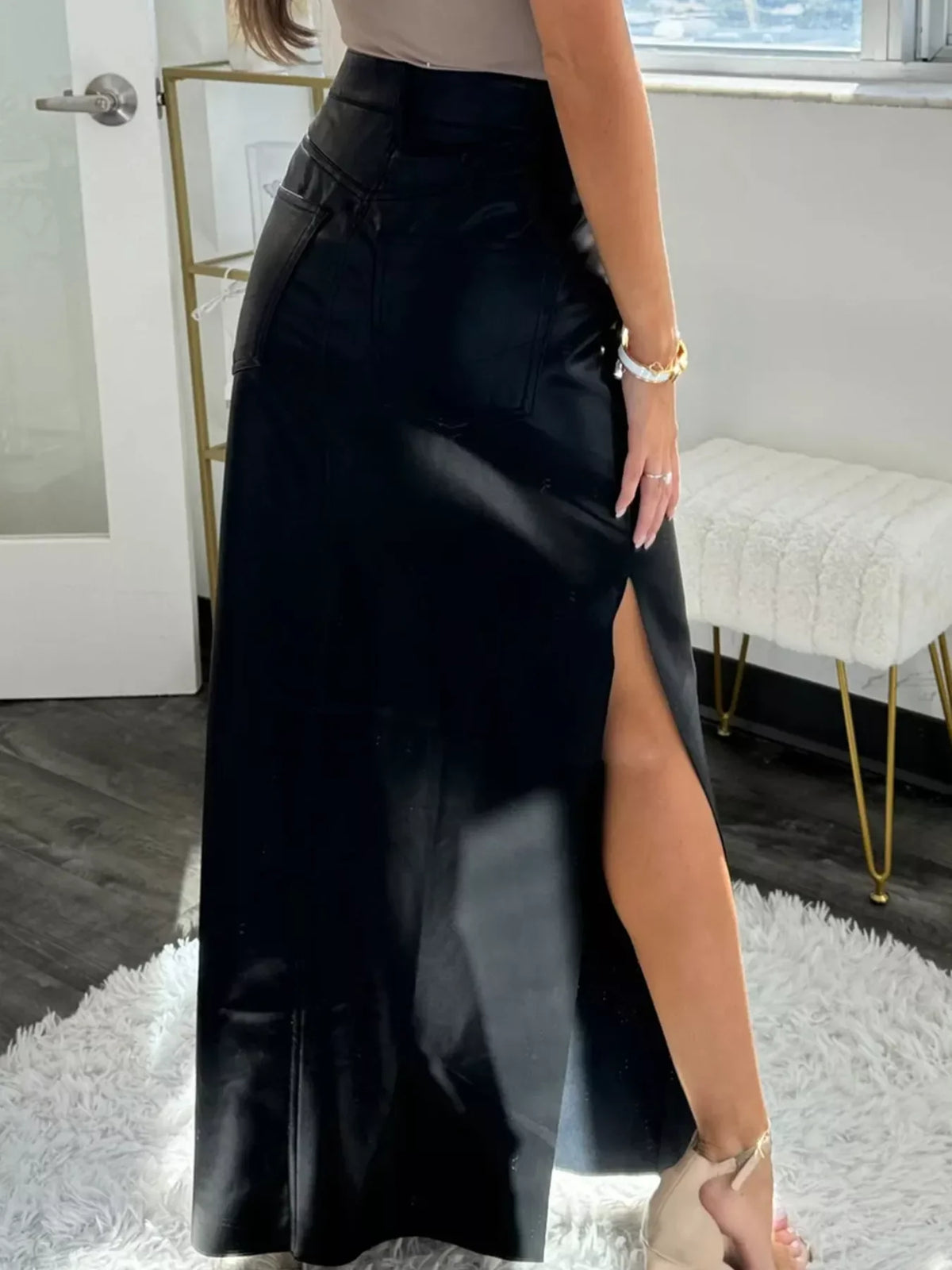 Leather High-Waist Side Slit Maxi Skirt